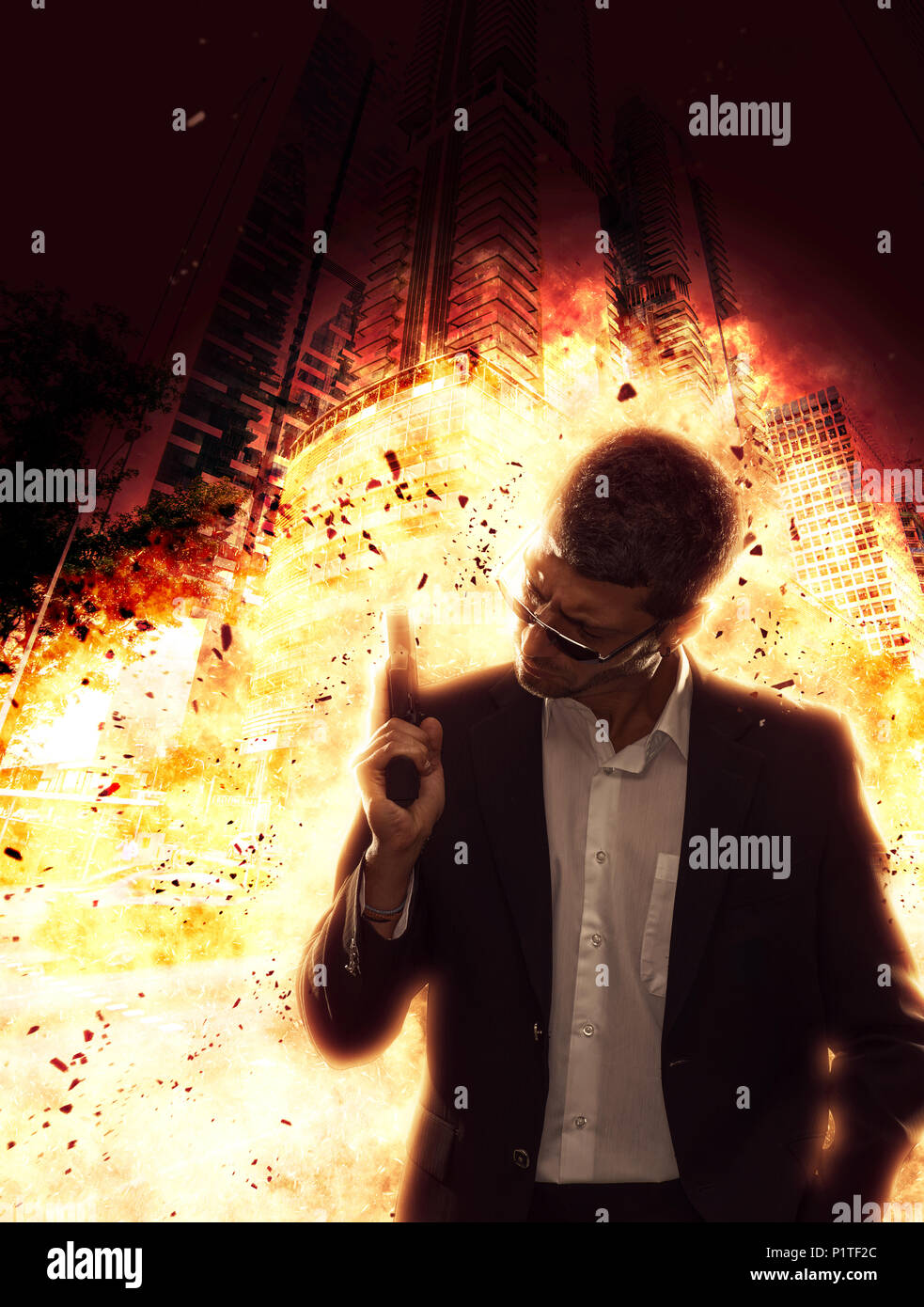 Man in suit with a gun on explosion city  background Stock Photo