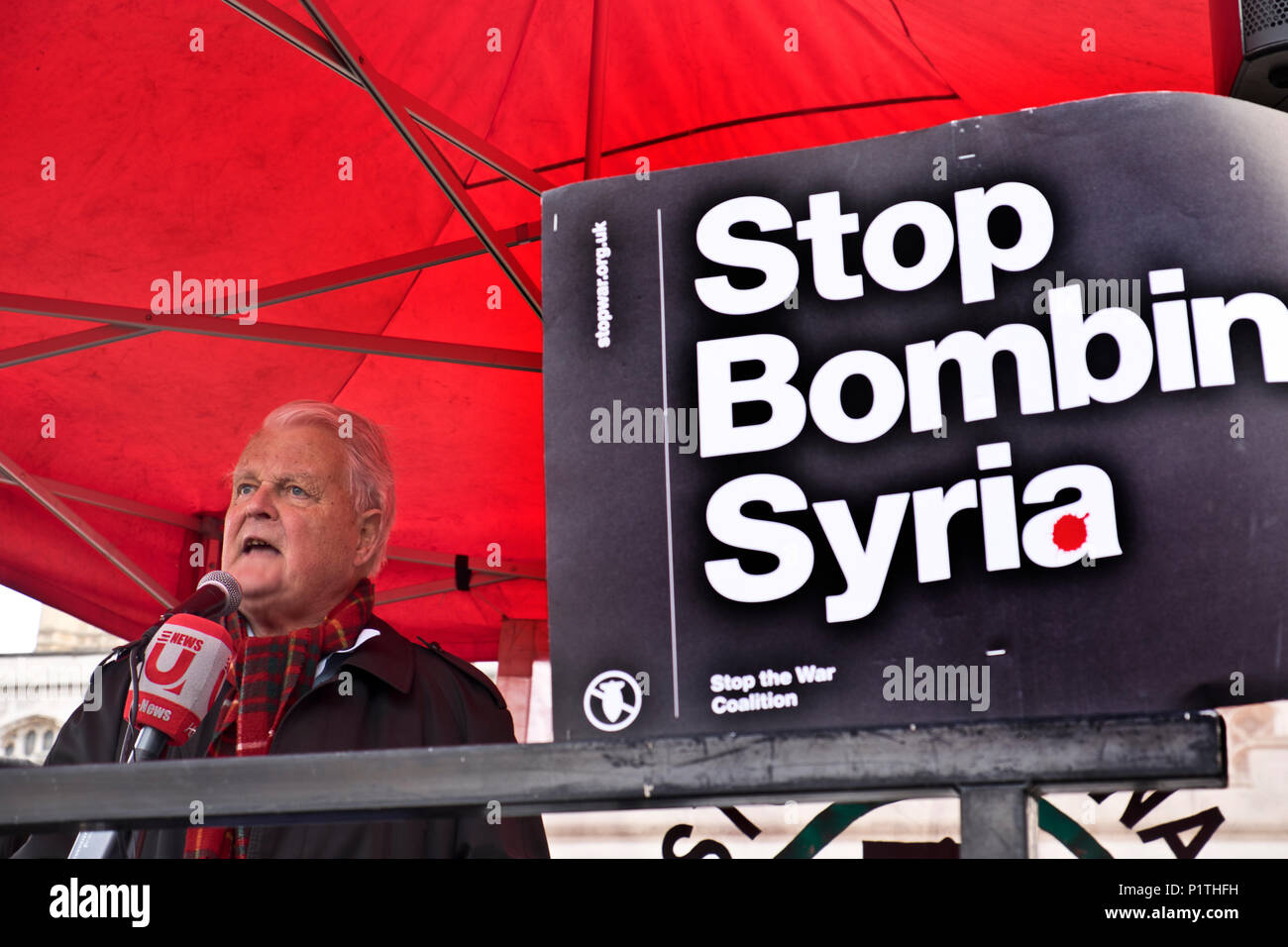 Bruce Kent speaking at Protest through Central London asking for a stop to the bombing in Syria 29 April 2018 Stock Photo