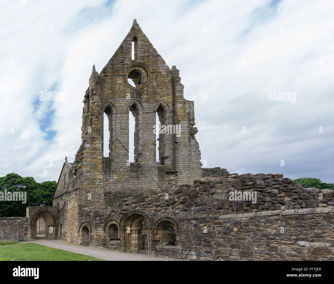 The old transept of Kilwinning Abey in Scotland now in ruins. Stock Photo