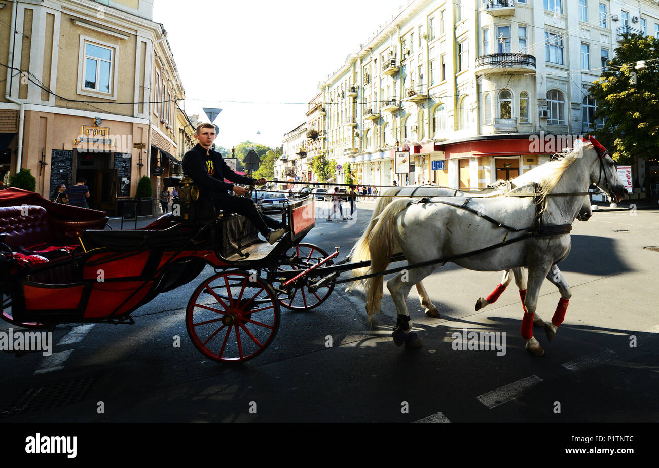 A colorful horse carriage in Odessa, Ukraine. Stock Photo