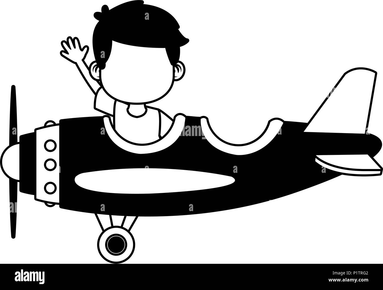 Cute boy flying in airplane in black and white Stock Vector Image & Art ...