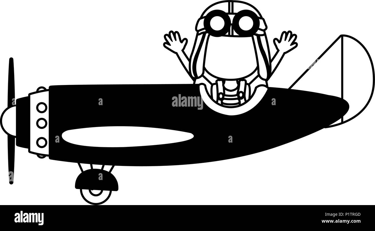 Cute boy flying in airplane in black and white Stock Vector Image & Art ...