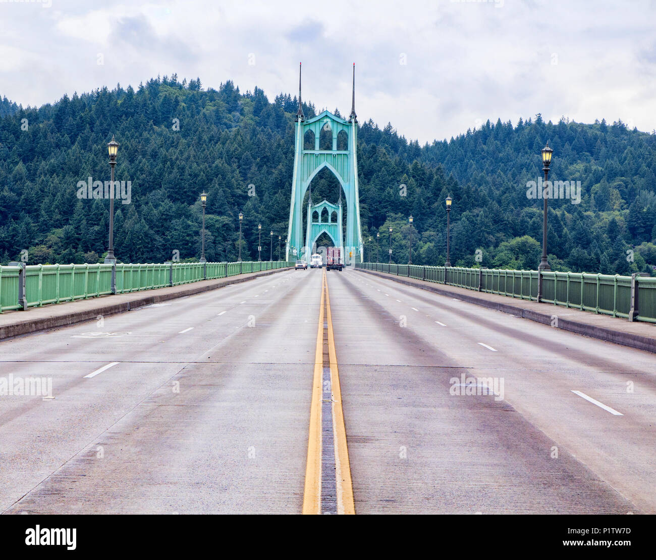Middle of the road view of the St Johns Bridge, Portland Oregon, USA Stock Photo
