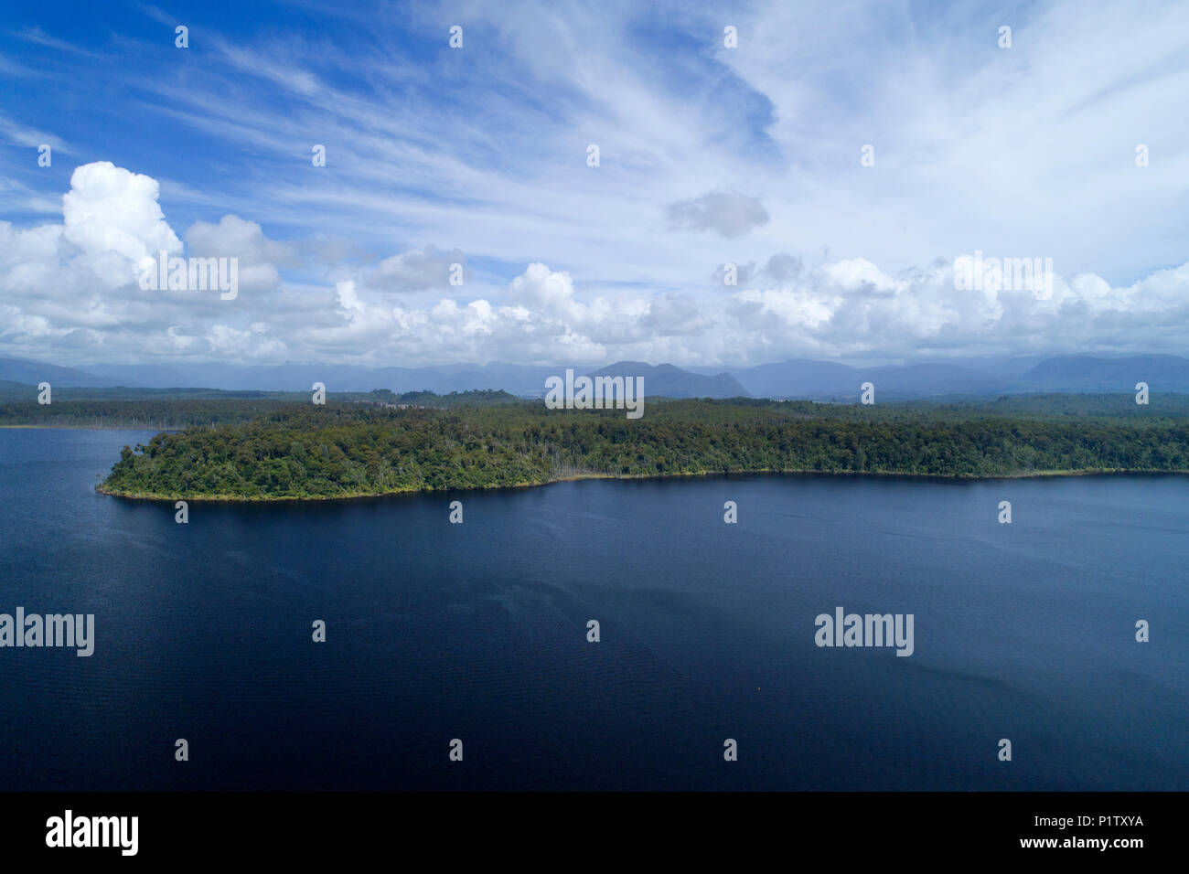 Lake Mahinapua, near Hokitika, West Coast, South Island, New Zealand - drone aerial Stock Photo