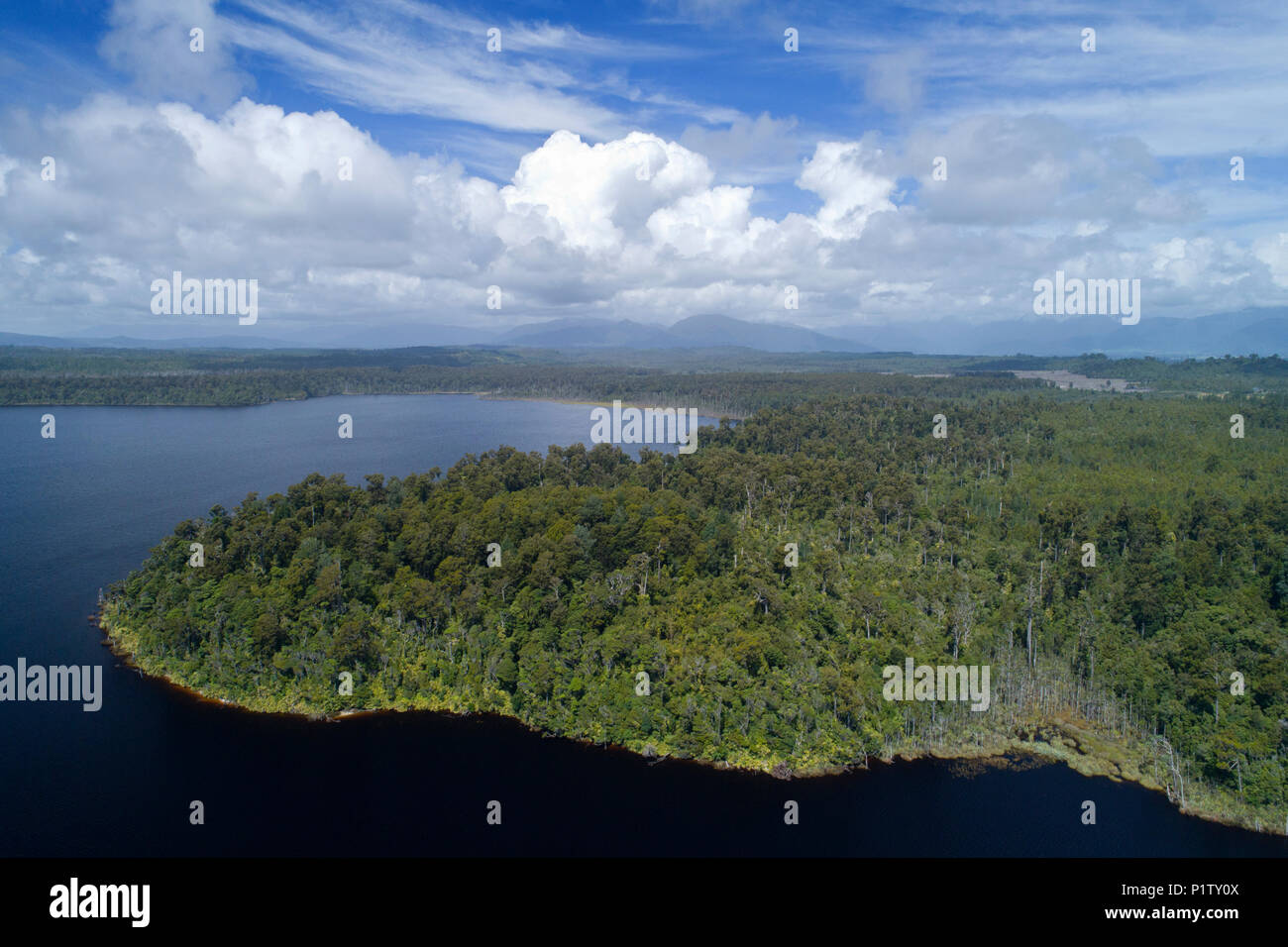 Lake Mahinapua, near Hokitika, West Coast, South Island, New Zealand - drone aerial Stock Photo