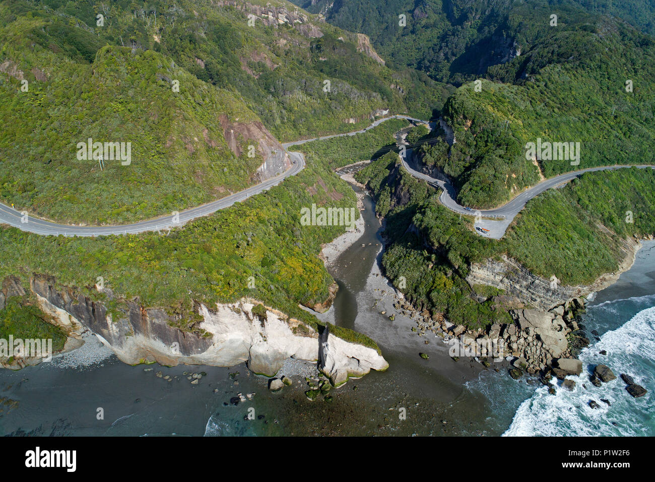 State Highway Six at Ten Mile Creek, north of Greymouth, West Coast, South Island, New Zealand - drone aerial Stock Photo
