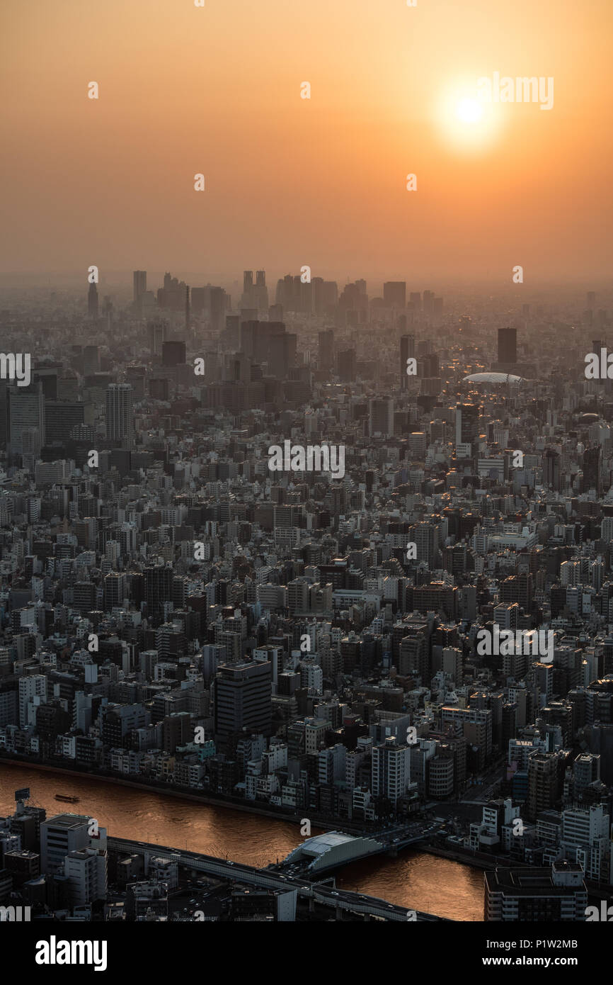 Crowded city skyline at sunset. Tokyo, Japan as seen from the Skytree. Stock Photo