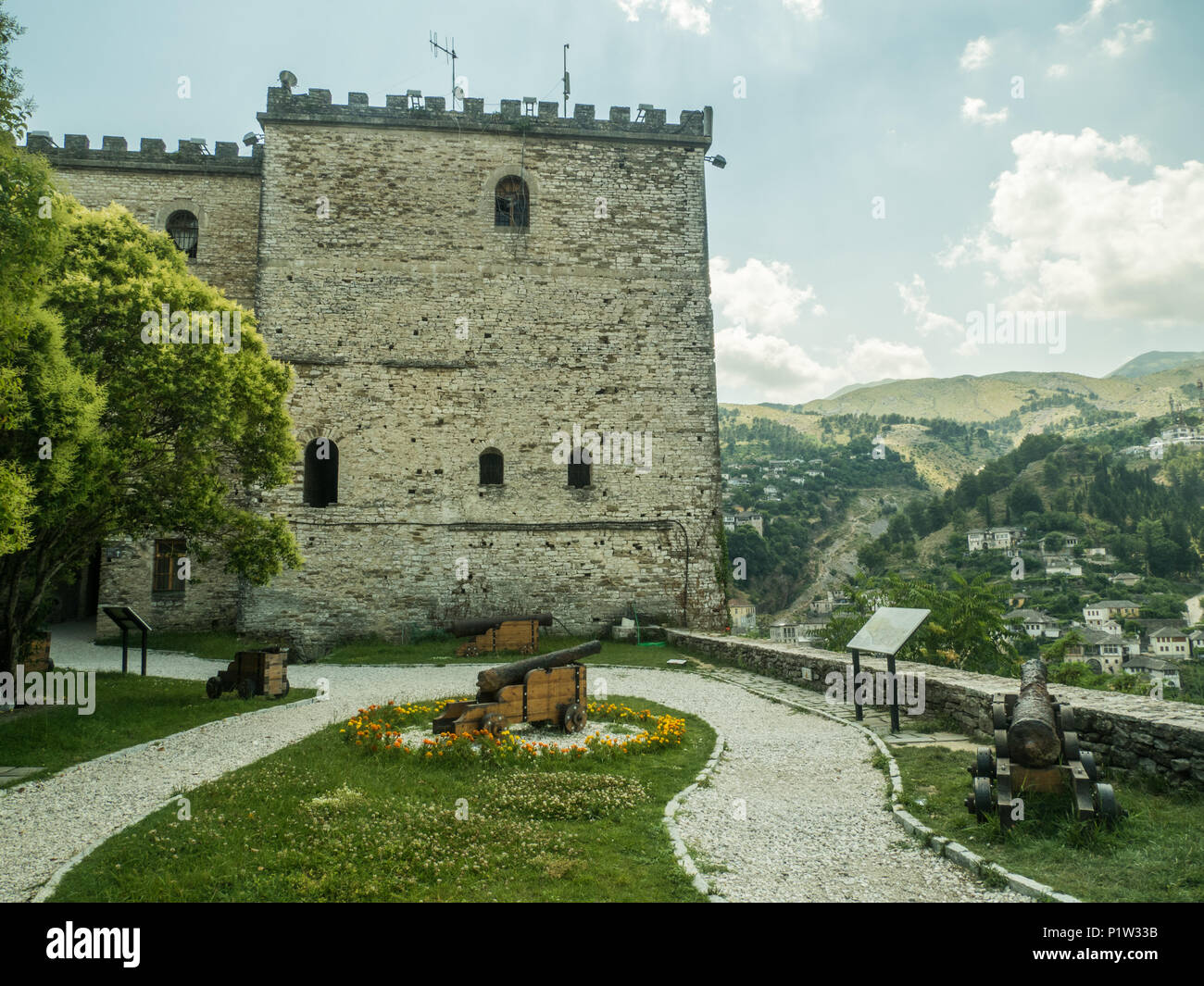 View from the castle in Gjirokaster in Albania. Its old town is Ottoman ...