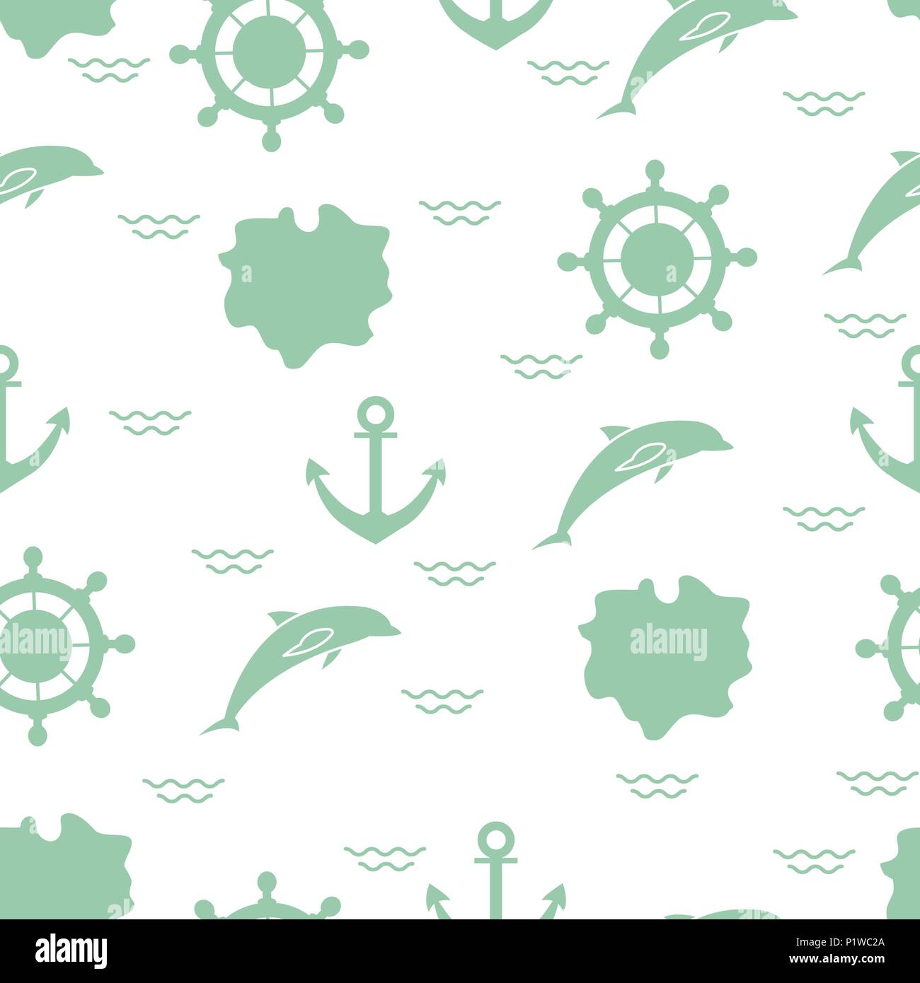 Seamless pattern with dolphins, anchors, steering wheels, waves, islands. Summer leisure. Stock Vector