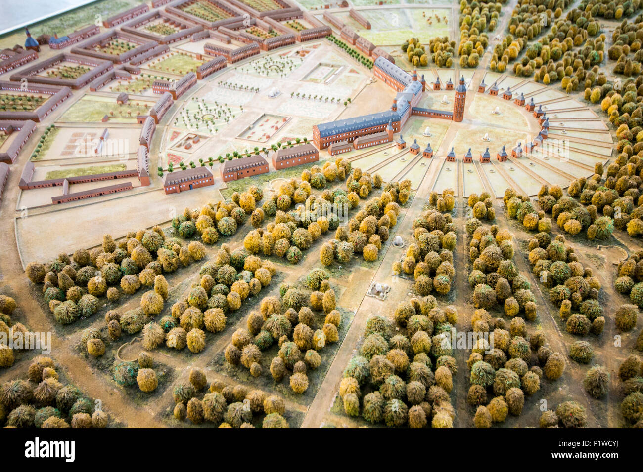 Karlsruhe, Germany. Mockup miniature of Karlsruhe Palace (Karlsruher Schloss), with the multiple streets and roads that fork from its tower Stock Photo