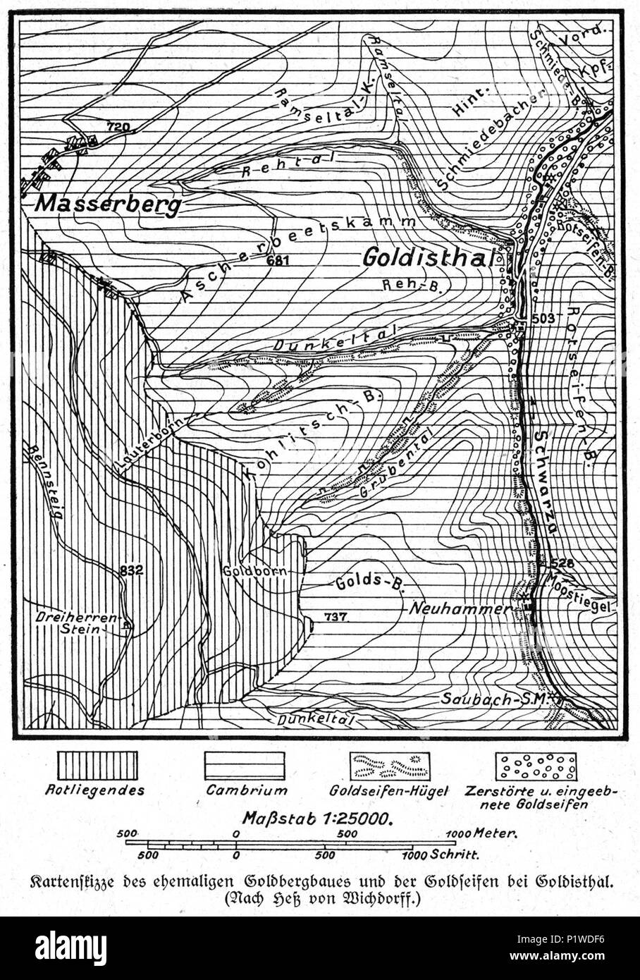 (1916) Lagekarte zum einstigen Goldbergbau um Goldisthal nach Hess v.Wichdorff. Stock Photo