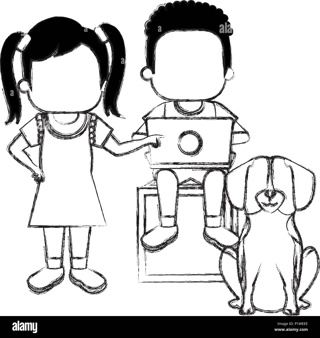 kids with laptop and cute dog Stock Vector