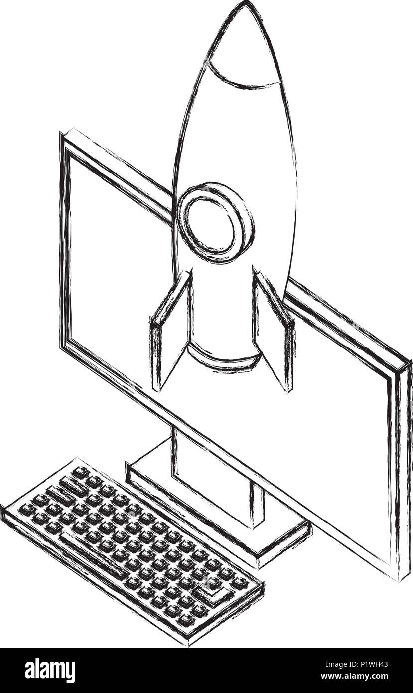 Computer Keyboard And Rocket Flying Vector Illustration