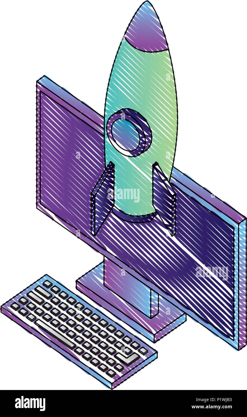 computer keyboard and rocket flying vector illustration isometric Stock ...