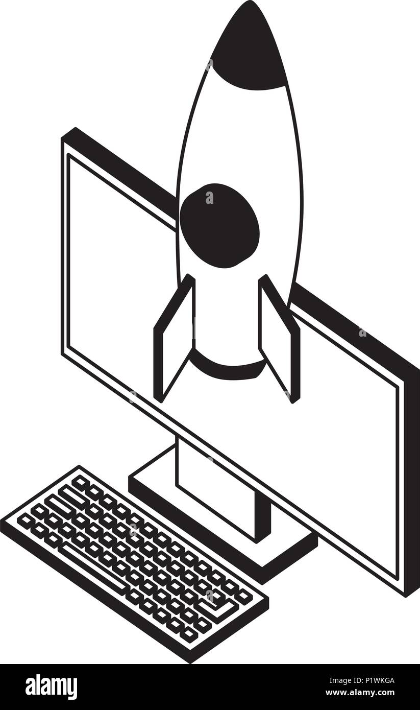 desktop computer with rocket launcher isometric icon vector ...