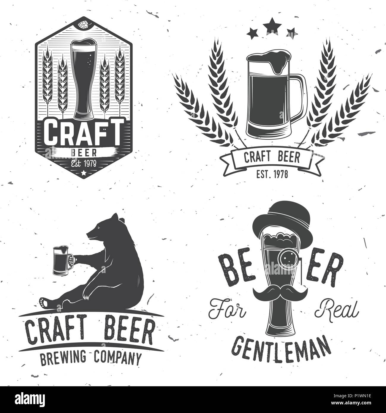 Set of Craft Beer badges with hops and bear. Vector illustration. Vintage design for bar, pub and restaurant business. Coaster for beer. Stock Vector