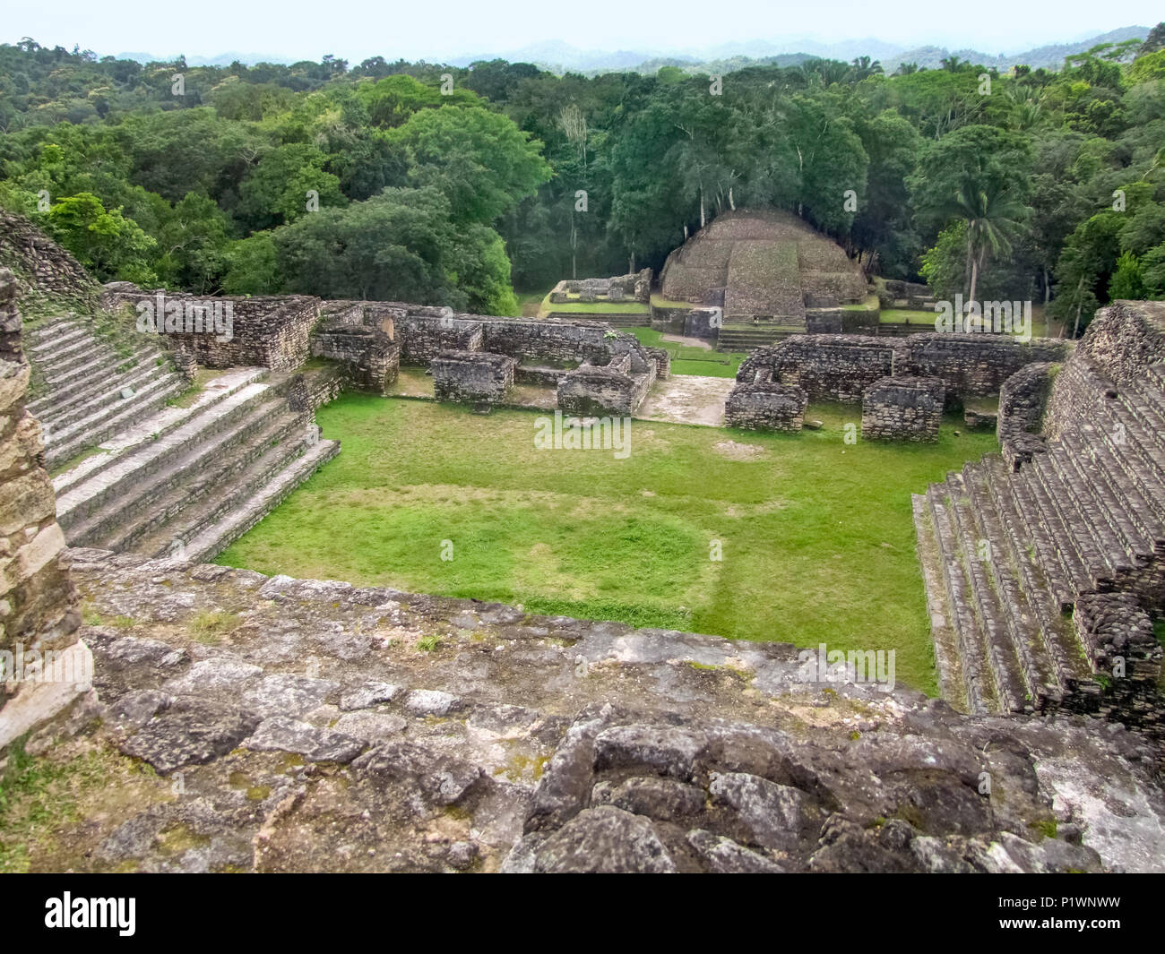 high angle shot showing the ancient Maya archaeological site named Caracol located in Belize in Central America Stock Photo