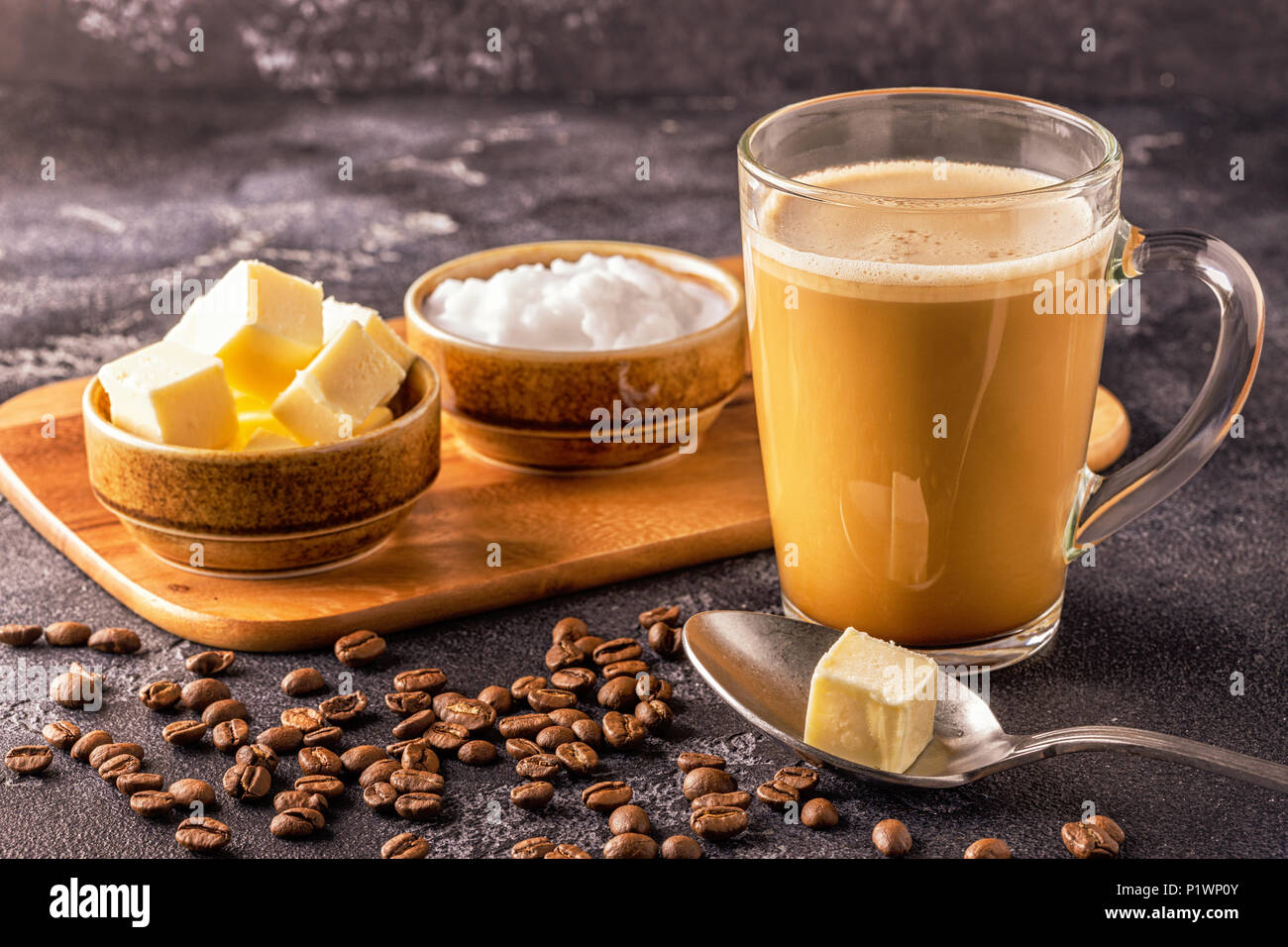 Bulletproof coffee, blended with organic  butter and MCT coconut oil, paleo, keto, ketogenic drink breakfast. Stock Photo