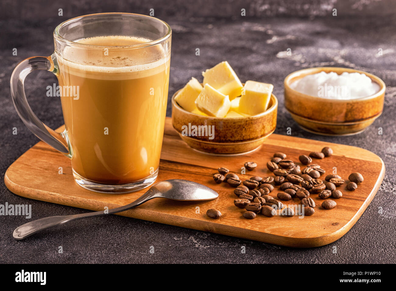 Bulletproof coffee, blended with organic butter and MCT coconut oil, paleo,  keto, ketogenic drink breakfast Stock Photo - Alamy