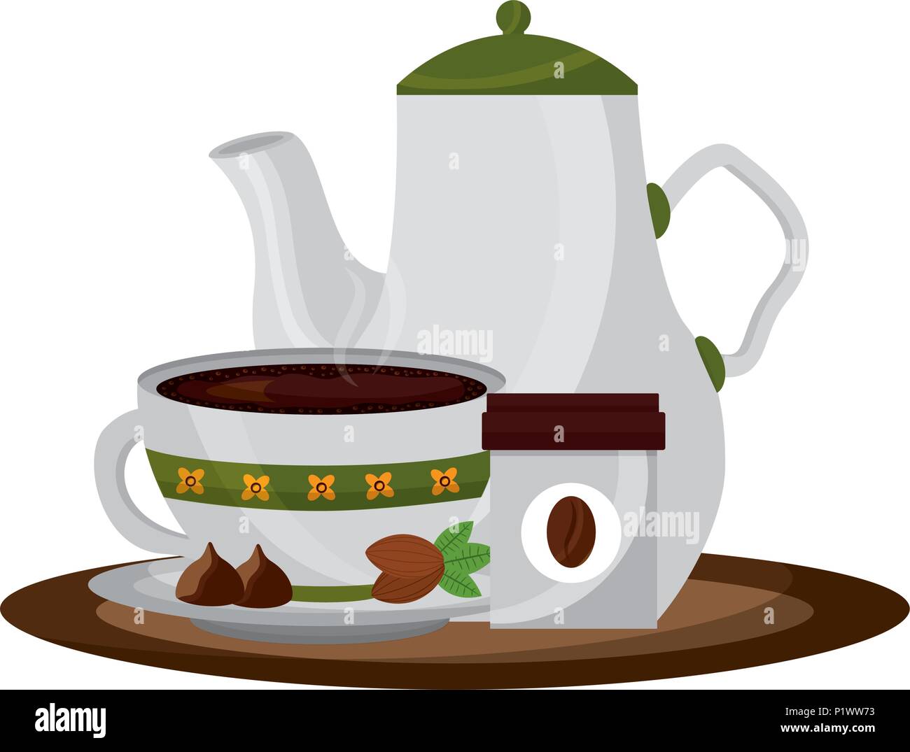 coffee maker and cup with cocoa beans on tray vector illustration Stock