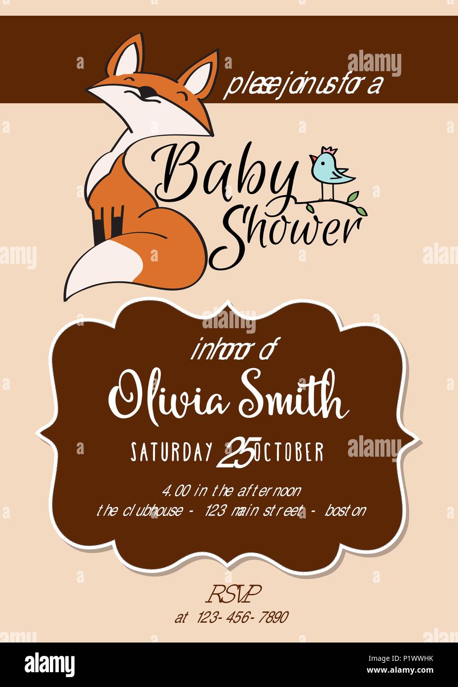 Baby shower card with cute little fox,customizable, printable 5 x 7 ...