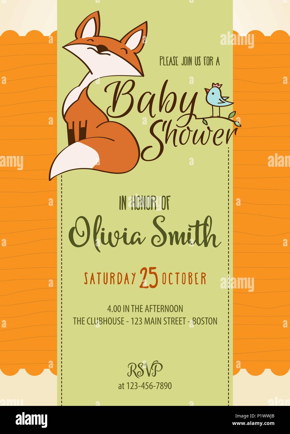 Baby shower card with cute little fox,customizable, printable 5 x 7 inch Stock Vector