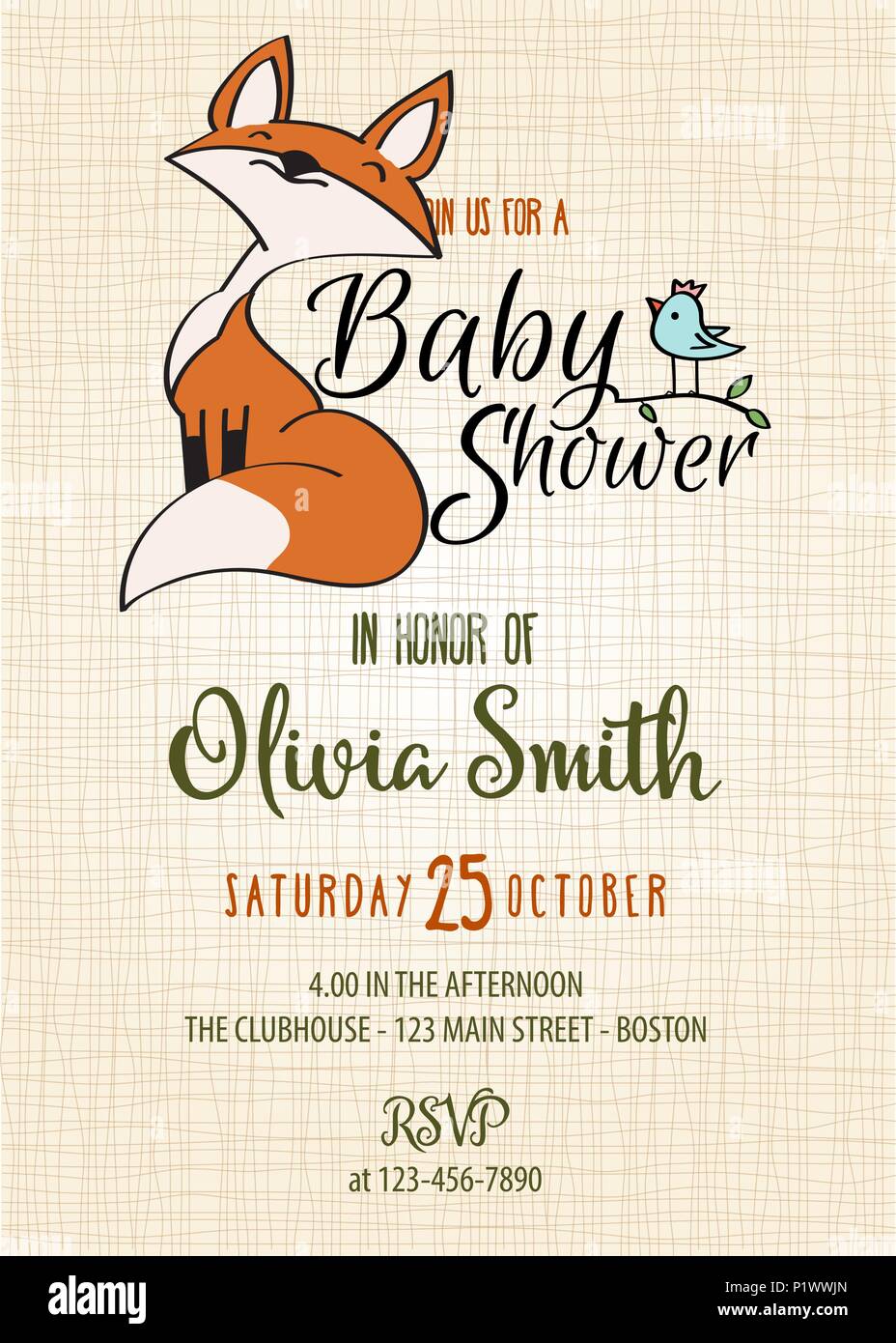 Baby shower card with cute little fox,customizable, printable 5 x 7 ...