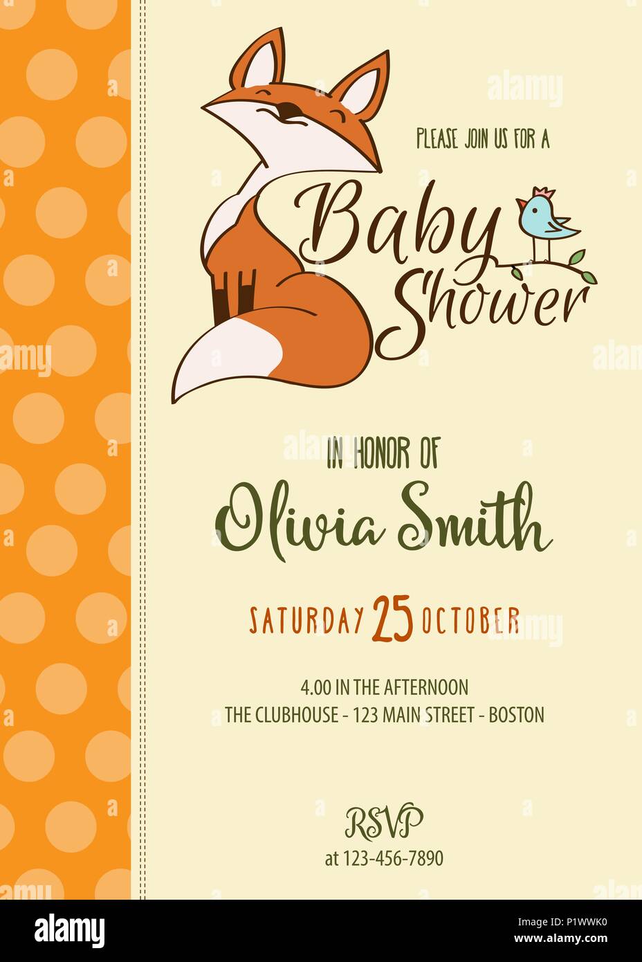 Baby shower card with cute little fox,customizable, printable 5 x 7 inch Stock Vector