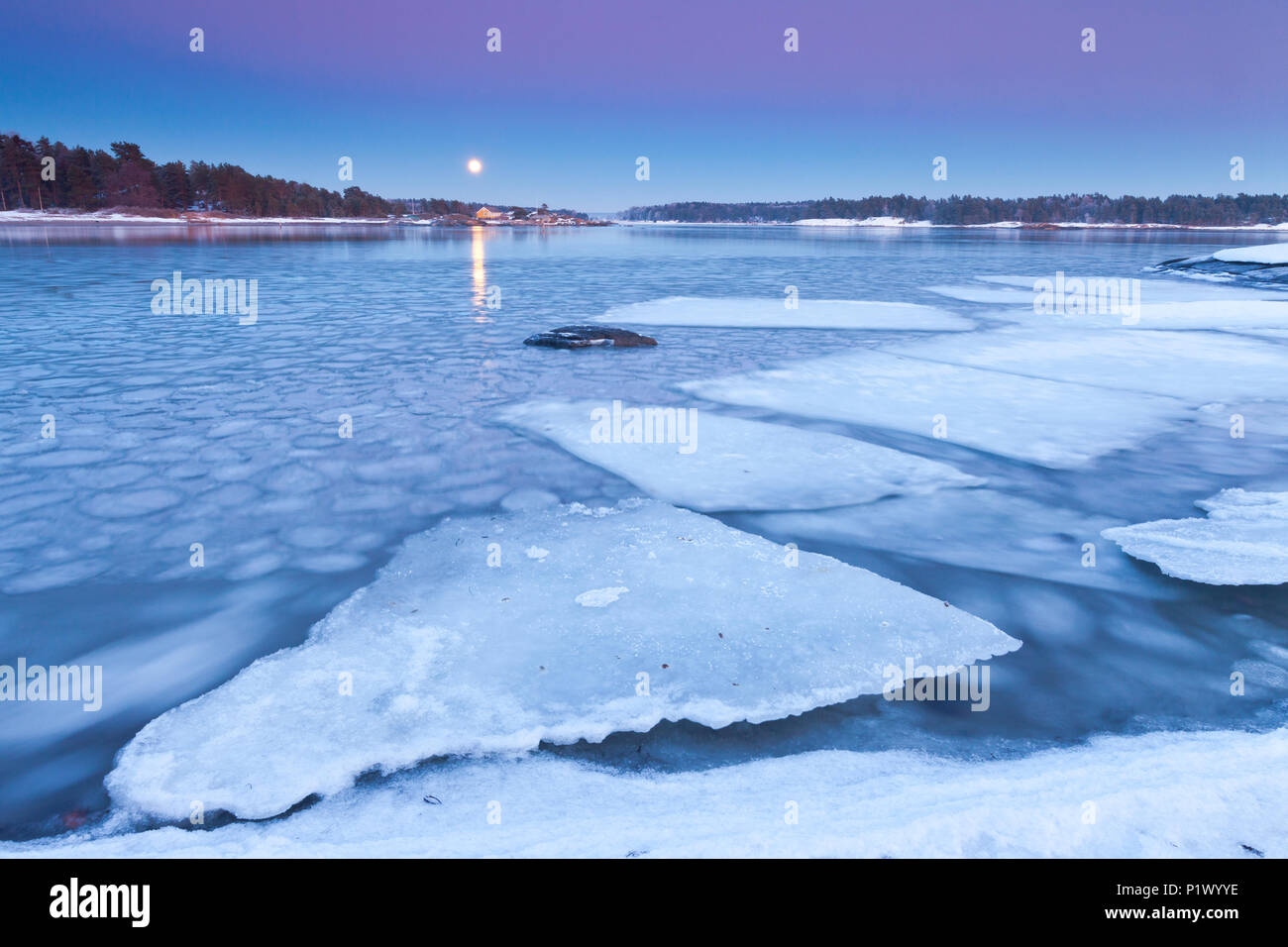 Rising moon on a cold winter evening by the Oslofjord, at Oven in Råde, Østfold Norway. Stock Photo