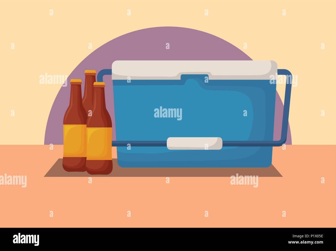 picnic cooler and beer bottles over background, colorful design. vector illustration Stock Vector
