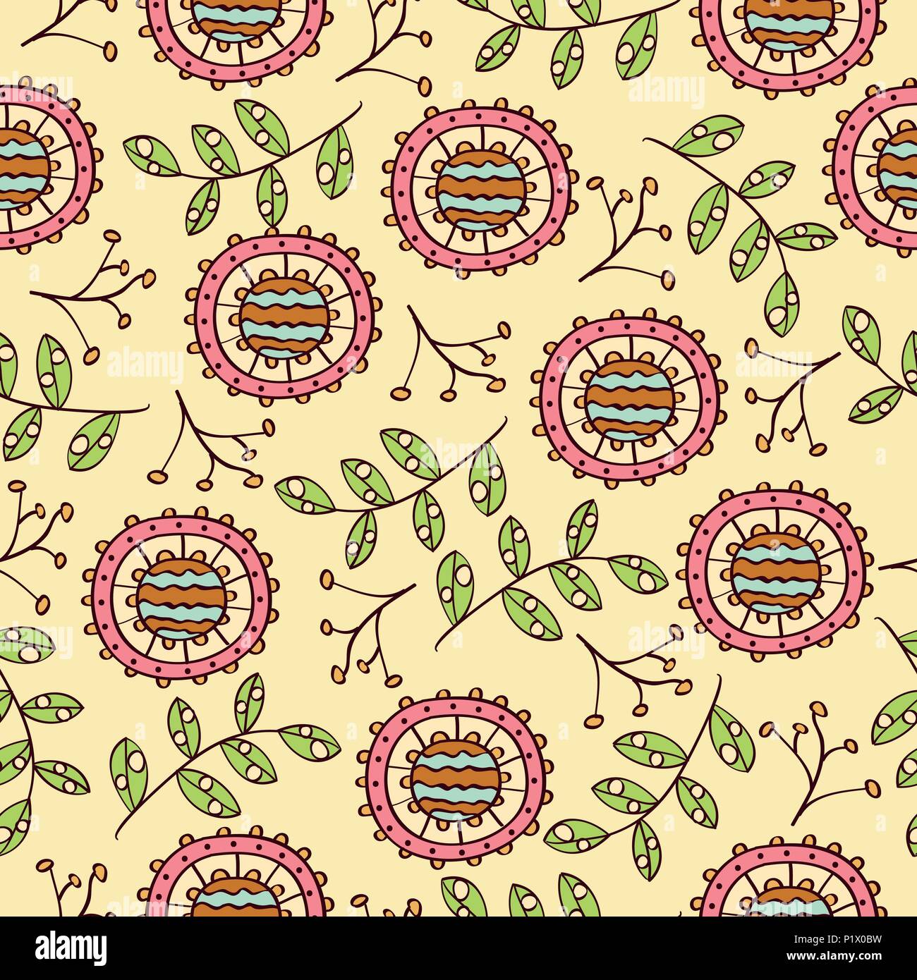 Doodle colorful seamless pattern with flowers and leafs Stock Vector