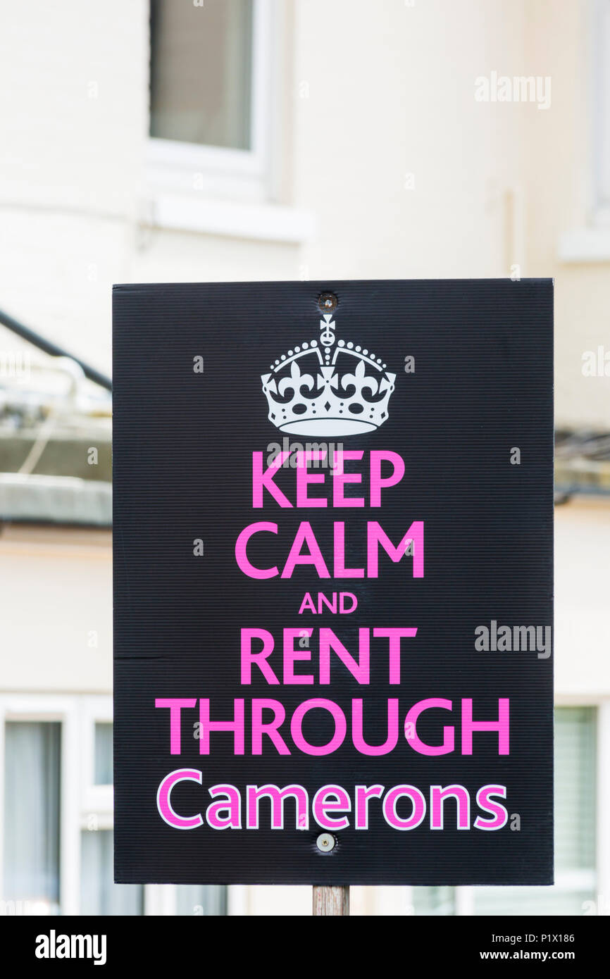 Keep calm and rent through Camerons sign outside property at Westbourne, Bournemouth, Dorset, England UK in June Stock Photo