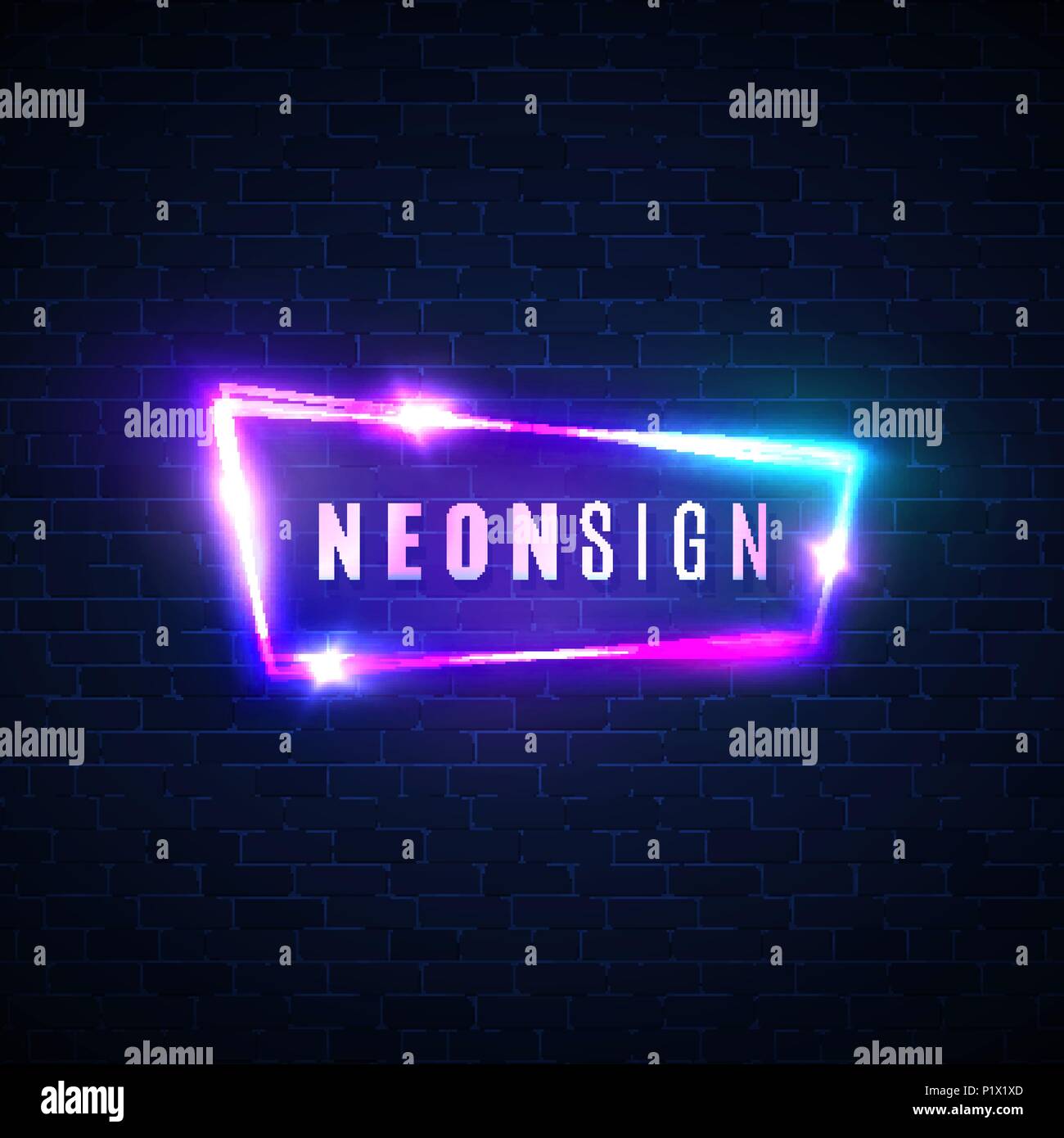 Night club neon sign. Blank 3d retro light signage Shining neon effect. Techno frame with glowing on dark blue brick texture wall. Electric street banner design. Color vector illustration in 80s style Stock Vector