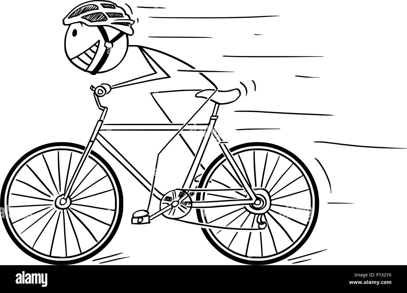Cartoon of Man With Helmet Riding Fast on Bicycle Stock Vector