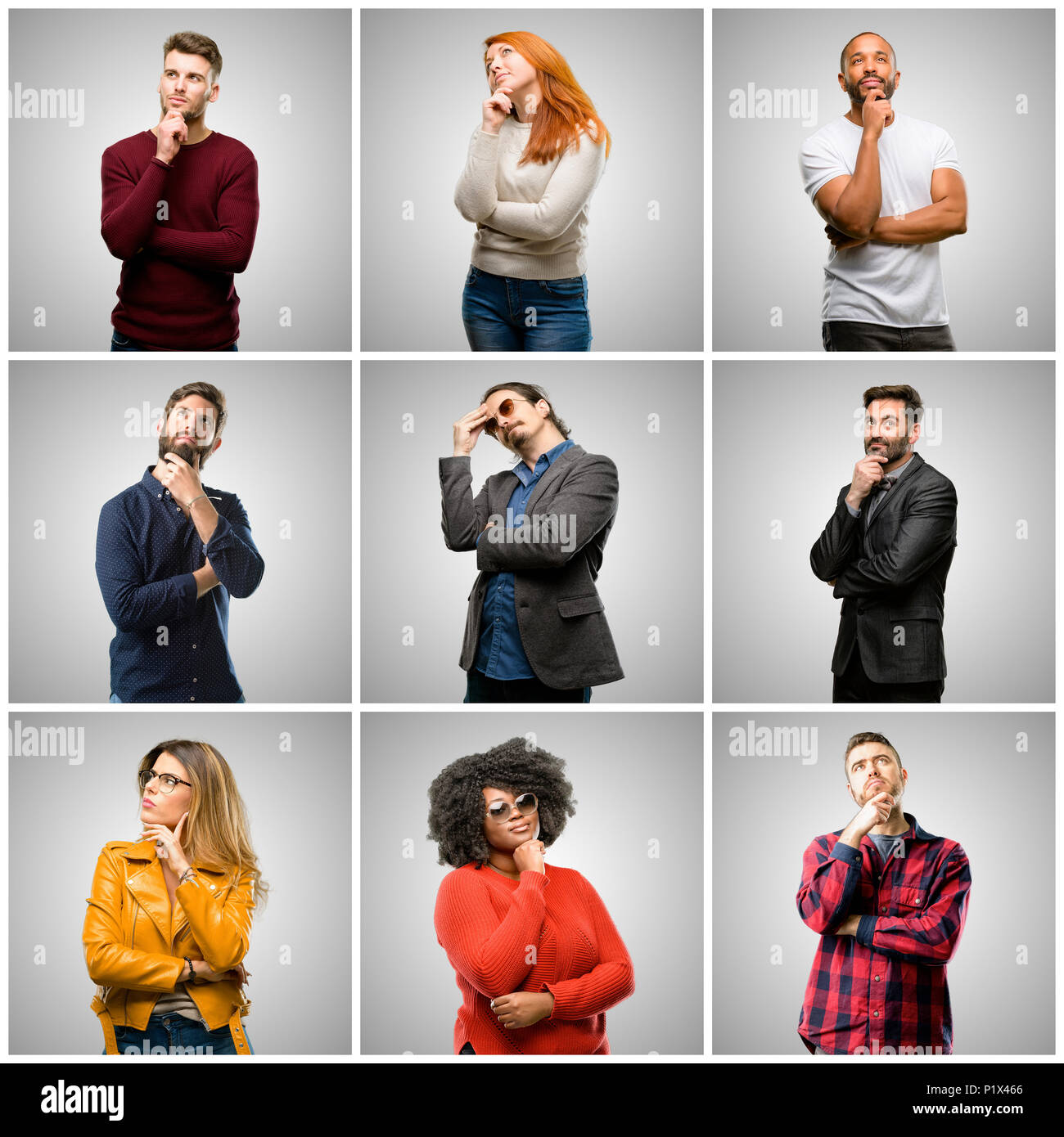 Group of mixed people, women and men thinking and looking up expressing doubt and wonder Stock Photo