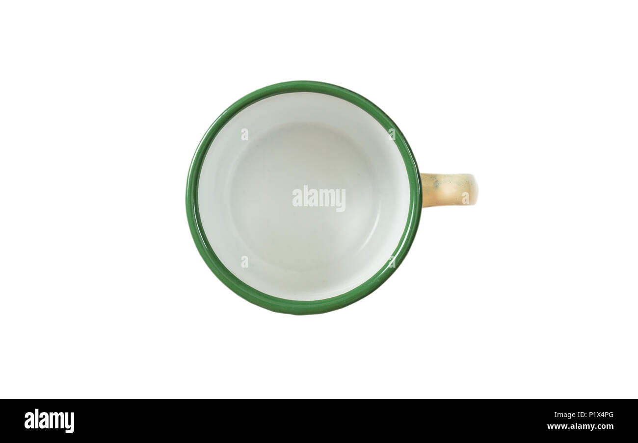 Coffee time concept. Empty coffee mug, enamel, green detail, with top view, cut out, isolated on a white background Stock Photo