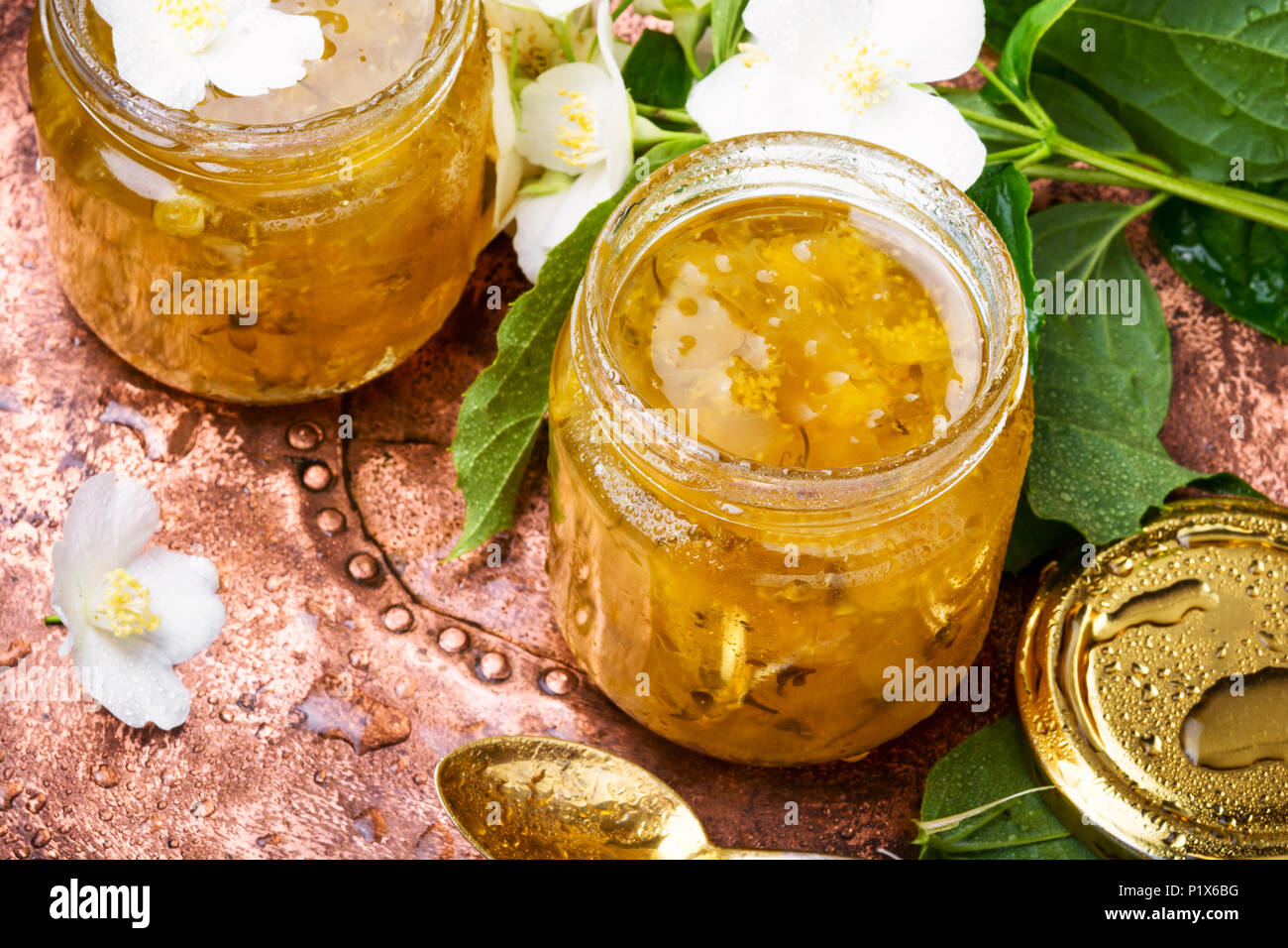 Useful jam from the blossoming jasmine petals, healthy food Stock Photo