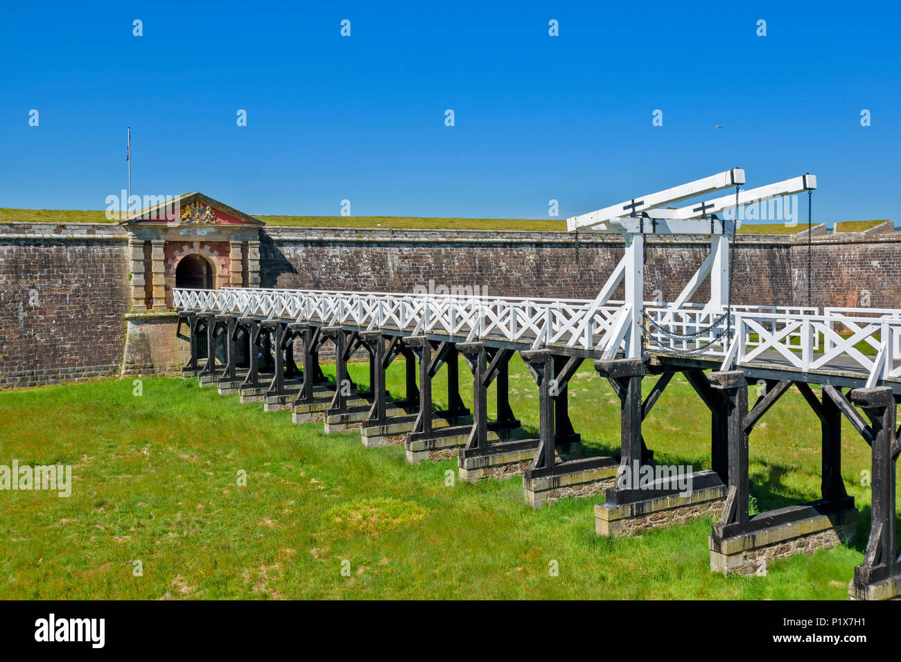 FORT GEORGE INVERNESS SCOTLAND ENTRANCE TO FORT OVER THE WHITE  DRAWBRIDGE CROSSING THE MOAT Stock Photo