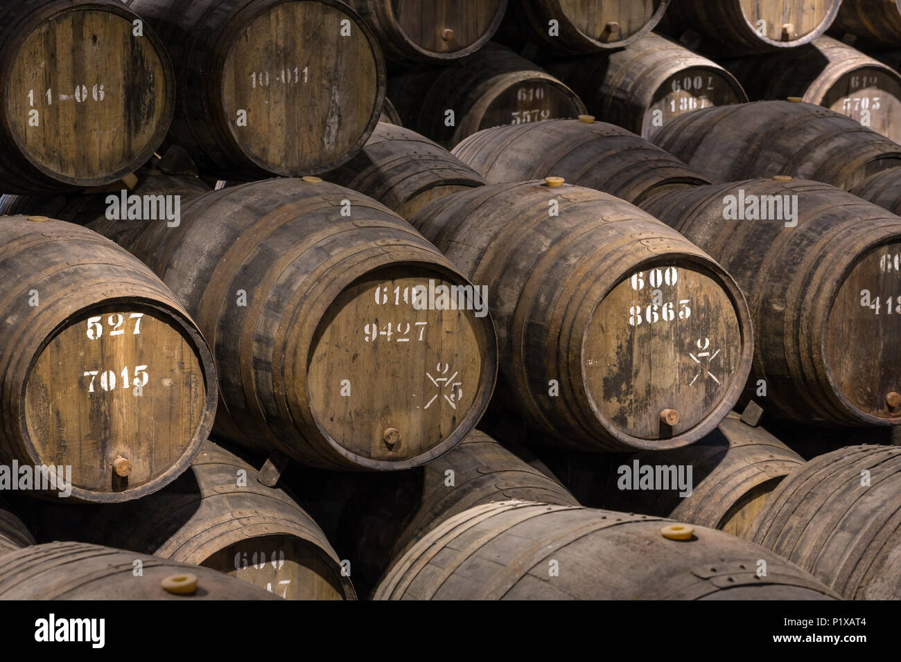 Row of wooden porto wine barrels in wine cellar Porto, Portugal. Stock Photo