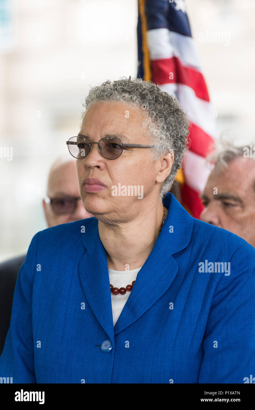 Cook County Board President Toni Preckwinkle speaking at the groundbreaking ceremony for the redevelopment of Cook County Hospital Stock Photo
