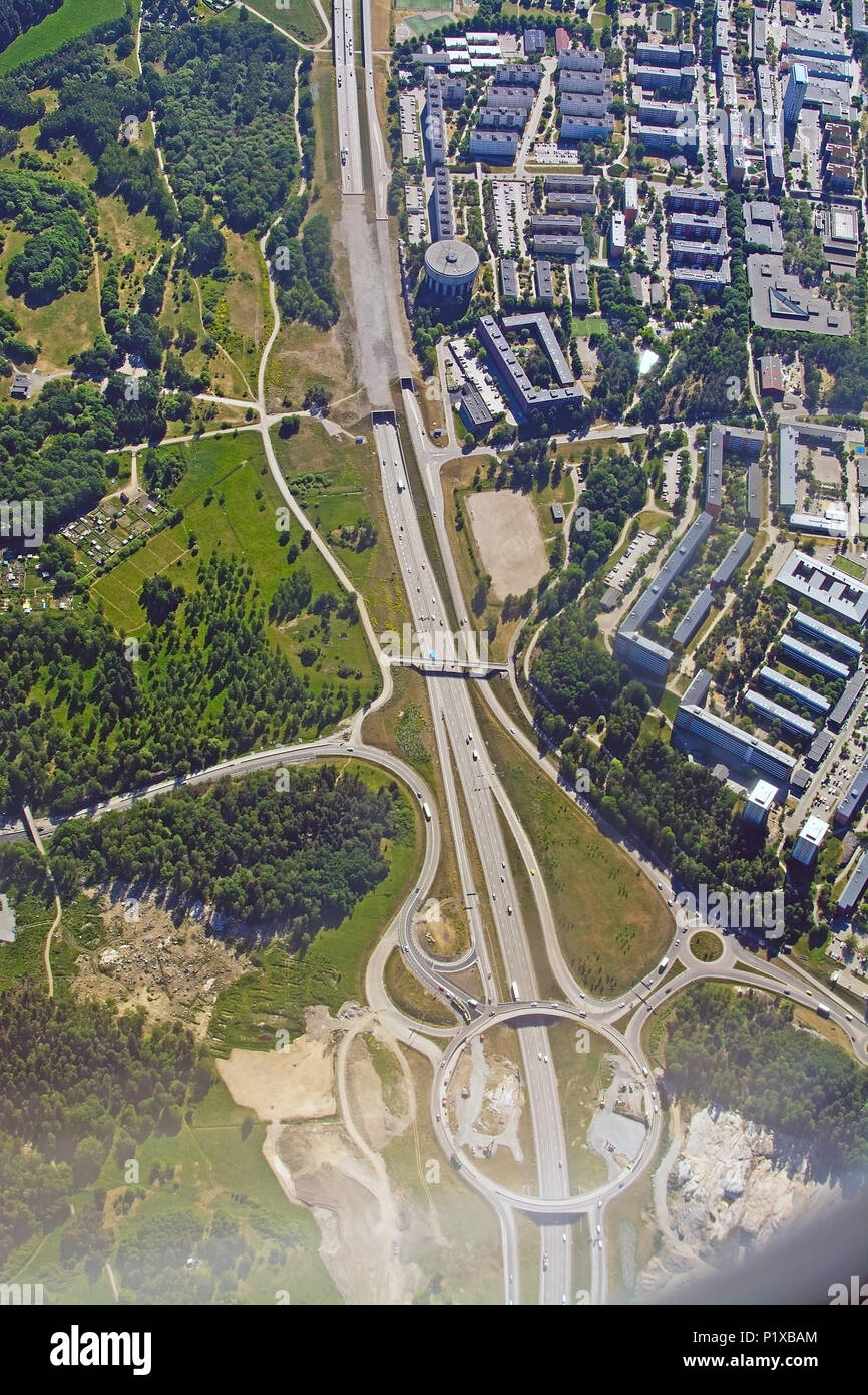 Freeway and roundabout pattern with traffic aerial shot in Stockholm, Sweden. Stock Photo