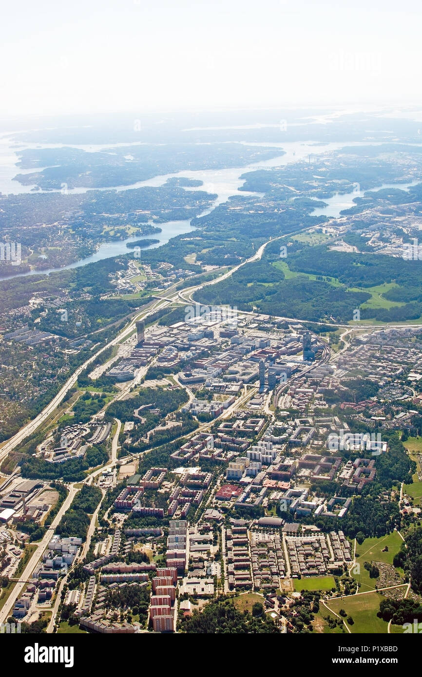 STOCKHOLM, SWEDEN - JUNE 1, 2018: Aerial shot over IT center Kista Stockholm during inflight to Arlanda airport on a sunny day on June 1, 20108 in Sto Stock Photo