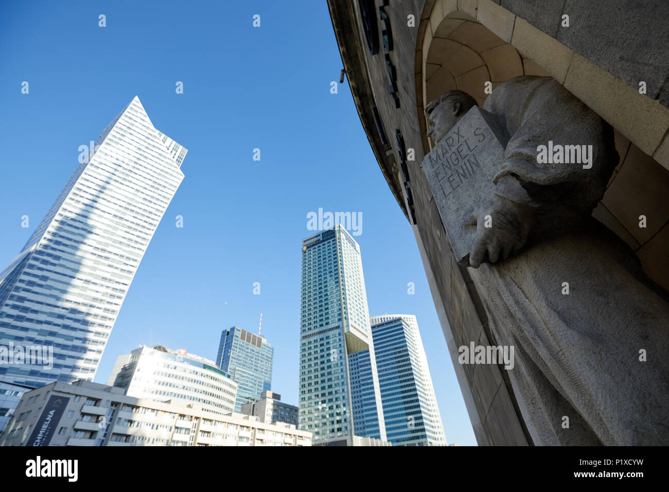 Warsaw, Poland. A statue of a soviet-era worker, holding a tablet ...