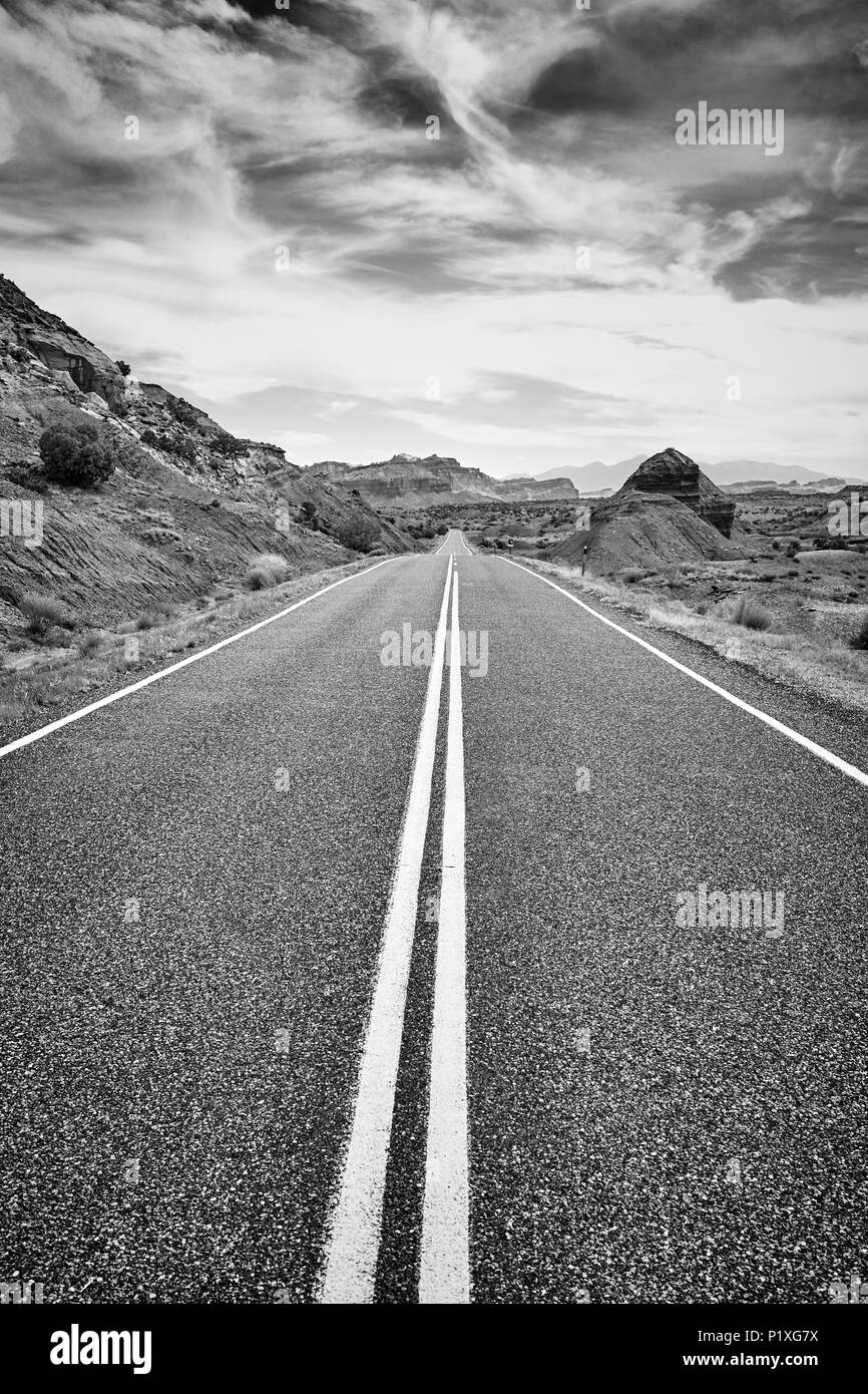 Black and white picture of a deserted road, Capitol Reef National Park ...