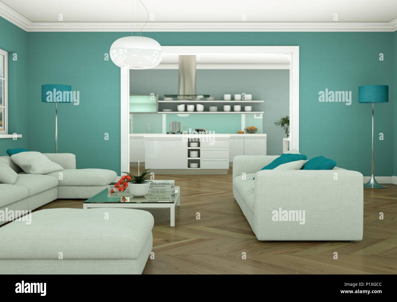 Modern bright living room interior design with sofas Stock Photo - Alamy
