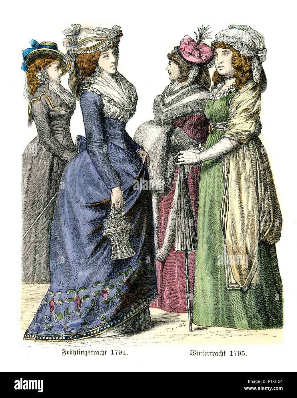 Vintage engraving of History of Fashion, Costumes of Germany late 18th Century, Spring and winter styles Stock Photo