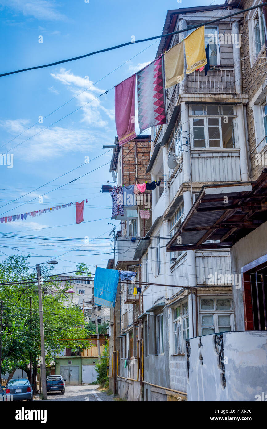 Laundry drying outside attached on the rope from the apartment building in Stepanakert, Nagorno Karabakh, Artsakh republic Stock Photo