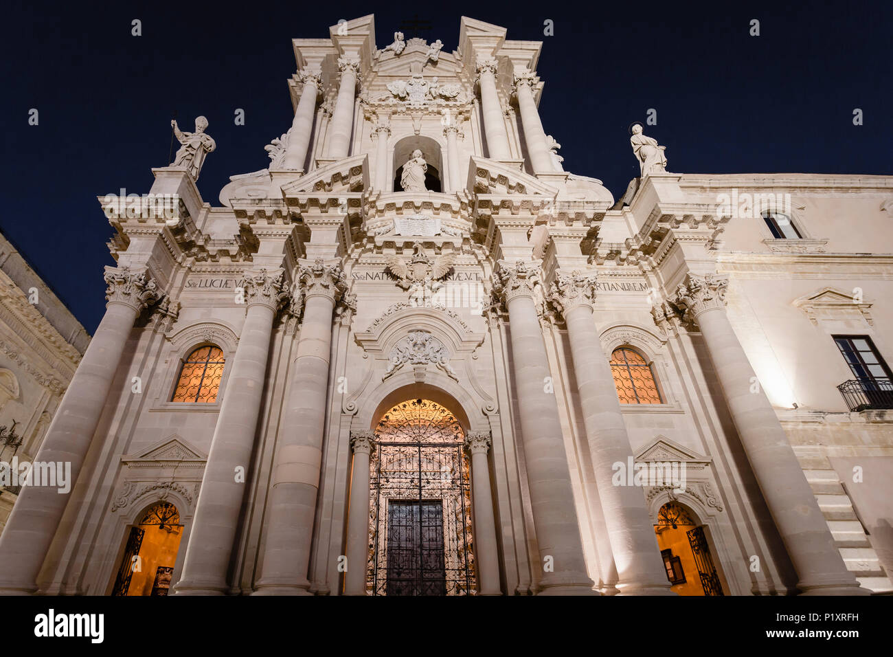 Cathedral (Duomo) of Siracusa at night, Sicily, Italy. Stock Photo