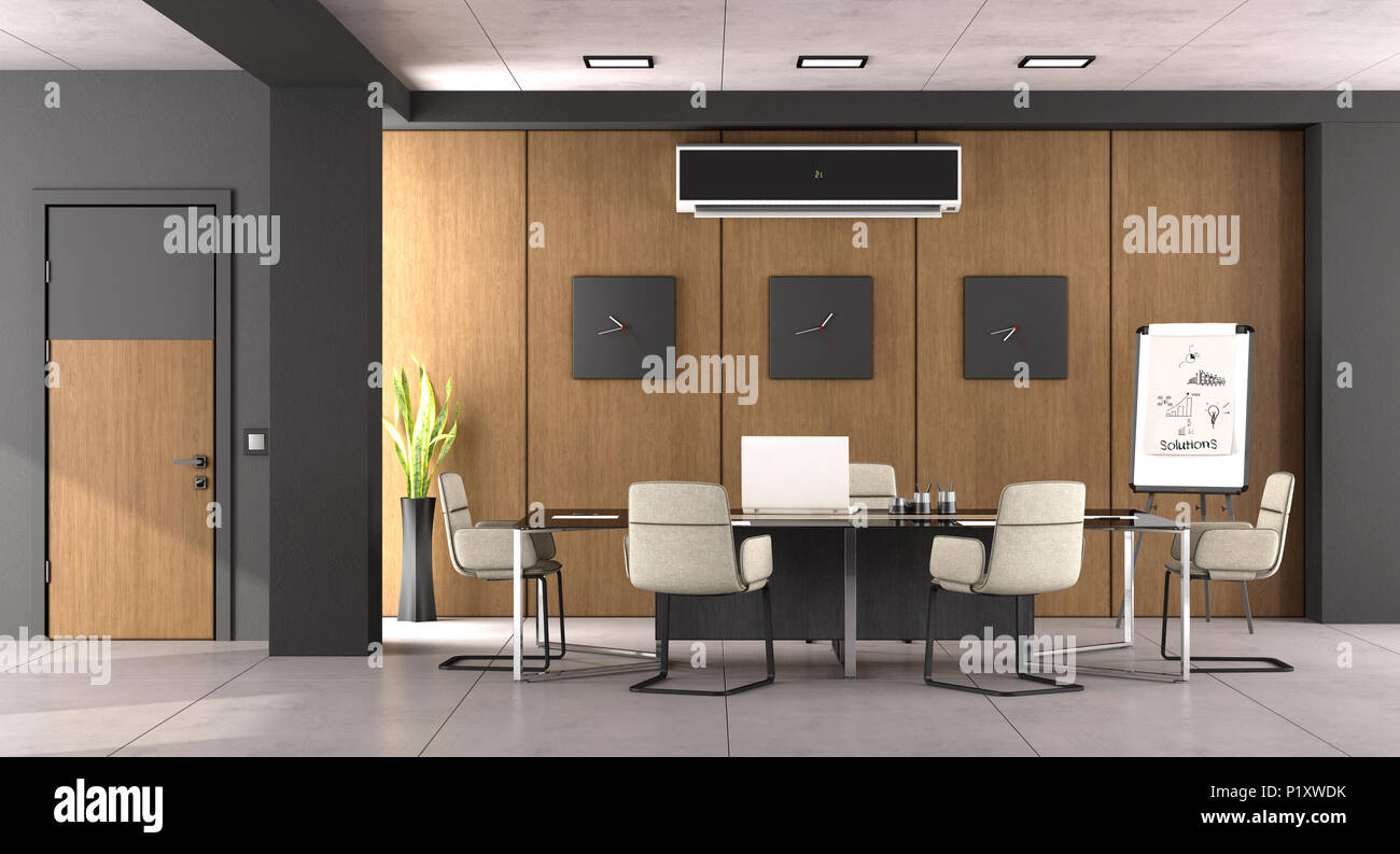 Black and wooden boardroom with modern office furniture and closed door - 3d rendering Stock Photo