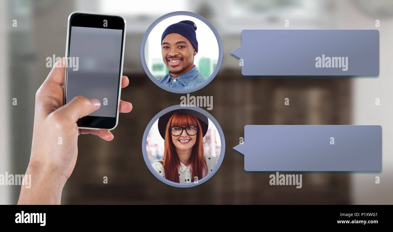 Messaging App on phone in hand with chat profiles Stock Photo